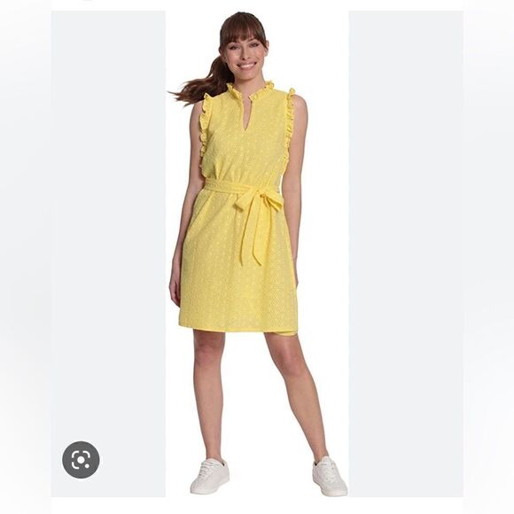 London Times Women's Ruffle Neck and Armhole Dress with Waist Tie Size 8 - Picture 3 of 12